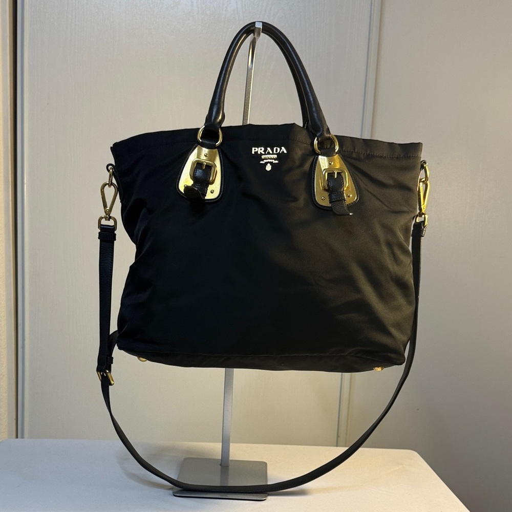 Prada Black Tessuto + Soft CA Tote with Gold Accents with Shoulder Straps